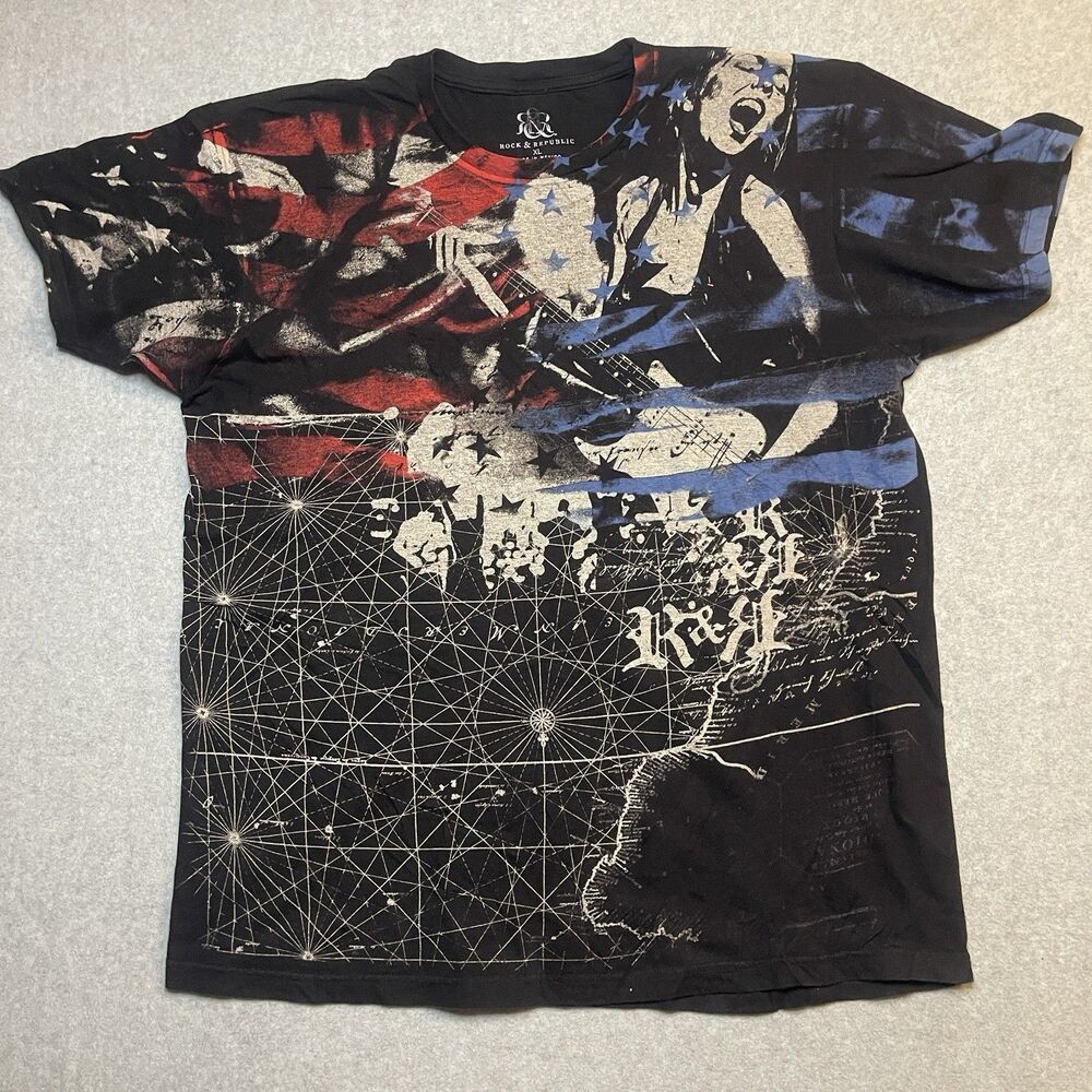 Y2K Rock & Republic Men's XL Graphic Cotton Crew Neck T-Shirt Black